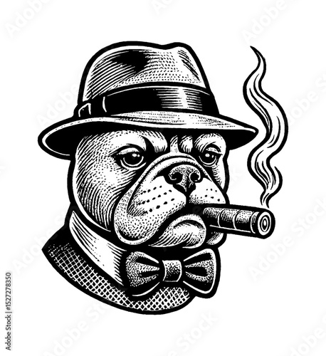 Bulldog head wearing hat and bowtie smoking cigar with engraved vintage art style