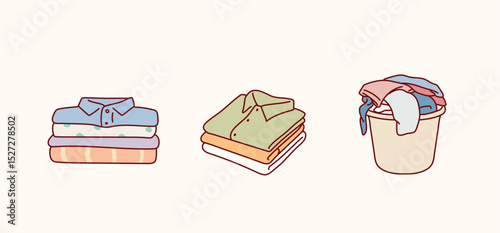 Stack of clean, ironed and dirty items of clothing. Set of folded multicolored clothes, apparel and garments, including sweaters, plaid, shirts, blanket. Hand drawn style vector design illustrations.