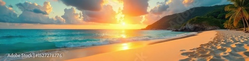 Stunning panoramic view of a pristine beach at sunset, with golden sand, turquoise water, and dramatic sky Perfect for travel, vacation, or summer themes , cool, yellow, idyllic