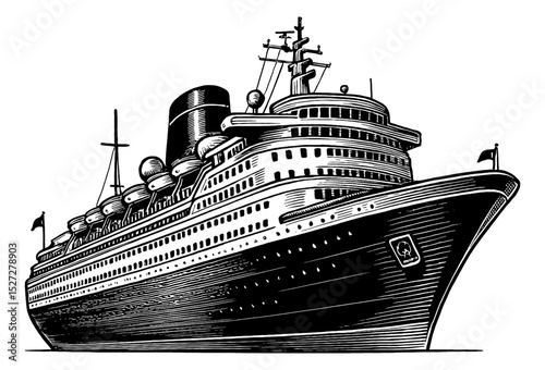 Illustration of a cruise ship with detailed line work in black and white drawing