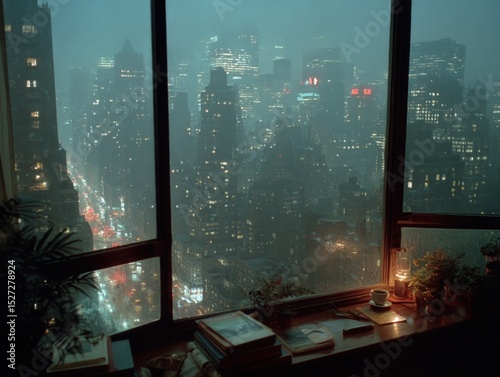 Rainy Night City View from Window