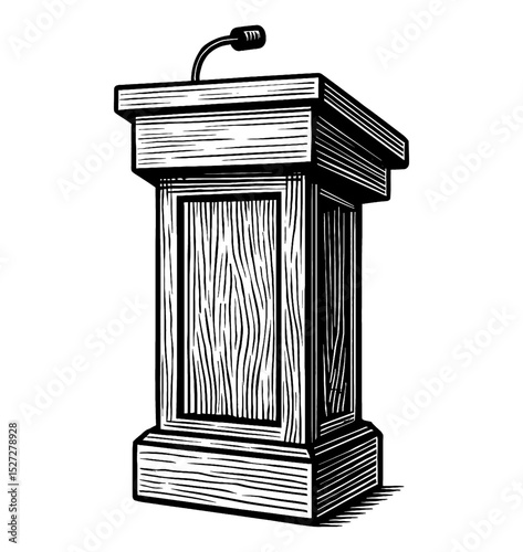 Black and White Illustration of a Podium with a Microphone on White Background