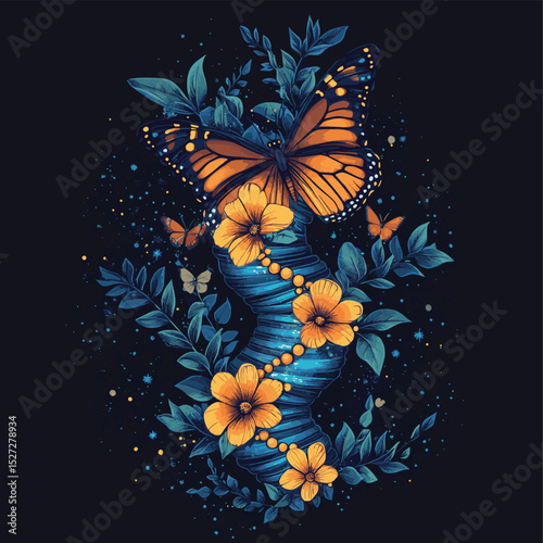 DNA chain, butterfly and flowers tattoo