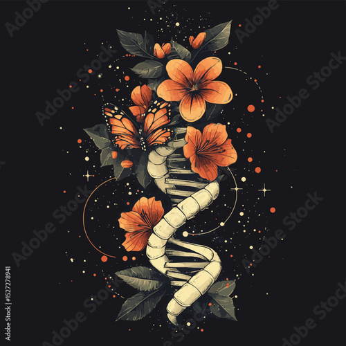 DNA chain, butterfly and flowers tattoo