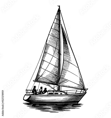 Illustration of sailboat sailing on water with three people in black and white drawing