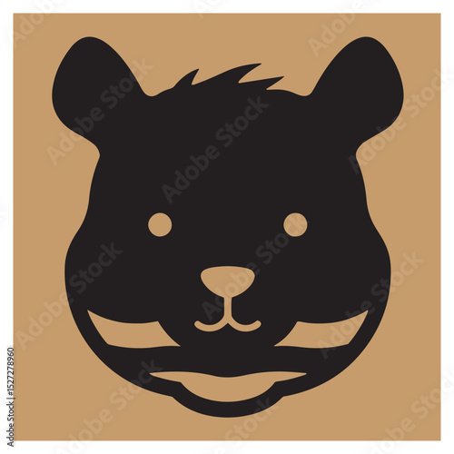 Simple stylized illustration of a bear face in black color on a beige background
