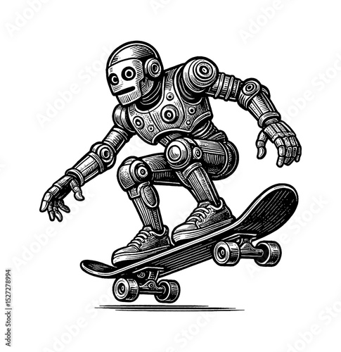 Robot Skateboarding with Black and White Detailed Line Art Outline Drawing Engraving Style