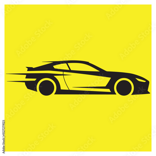 Sleek black and yellow sports car silhouette speeding across a vibrant yellow background