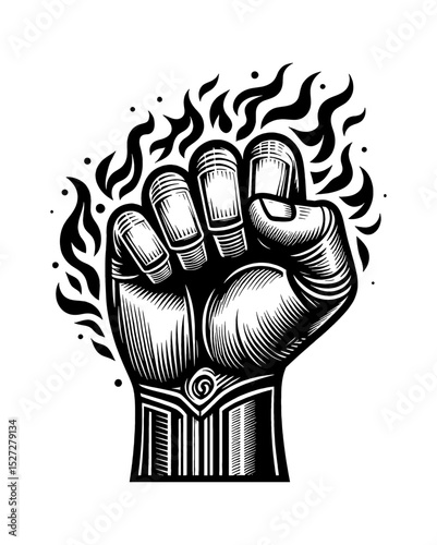 Raised clenched fist surrounded by flames in black and white engraved vector