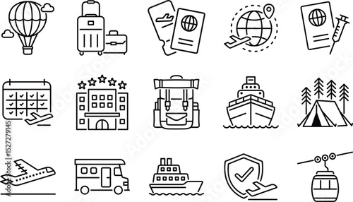 Travel line icon pack, representing global exploration and tourism. Symbolizes vacation, transportation, adventure, and sightseeing.