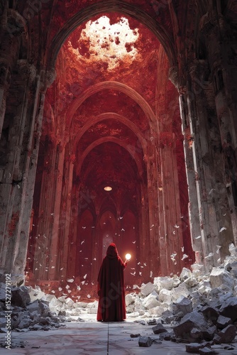Red Cloaked Figure in Ruined Cathedral