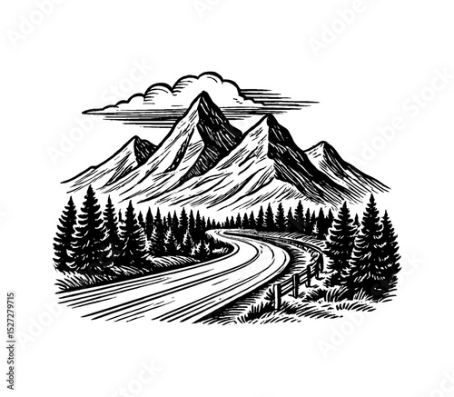 Mountain Range Landscape with Road and Trees Engraving Style Black and White