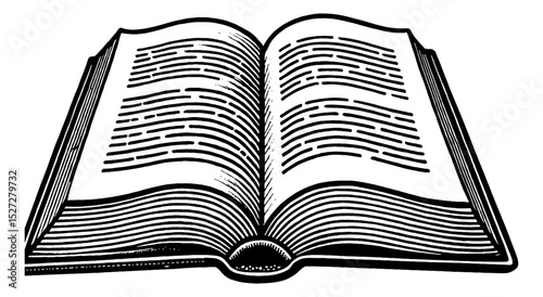 Open Book with Blank Pages in Black and White Detailed Engraved Style Illustration