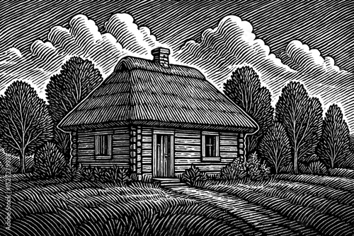 Thatched Roof Cottage with Trees and Cloudy Sky in Detailed Black and White Woodcut Engraving