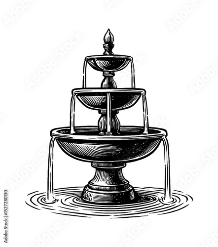 Engraved illustration of three tiered fountain with water flowing into rippled pool