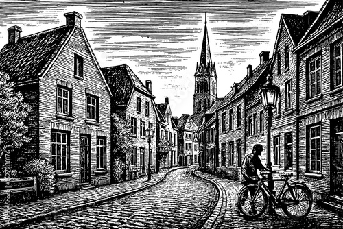 Engraved View of Winding Cobblestone Street Lined with Historic Buildings and a Cyclist