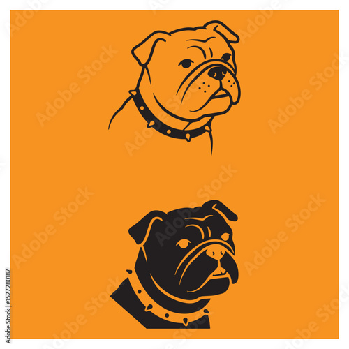 Two stylized bulldog portraits with spiked collars in contrasting colors on orange background