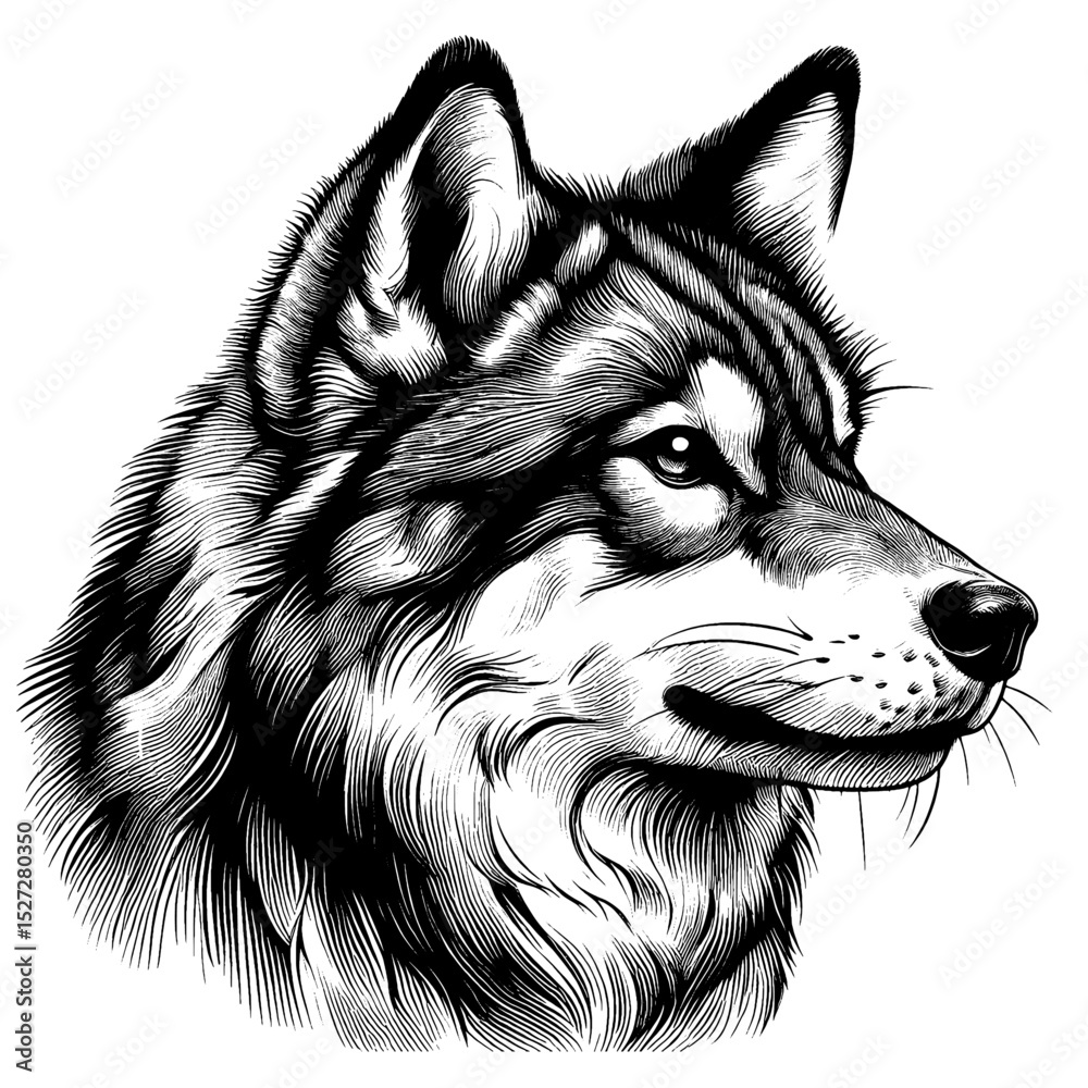 Fototapeta premium Hand drawn cute Tamaskan portrait, vector sketch isolated on white background, SVG vector