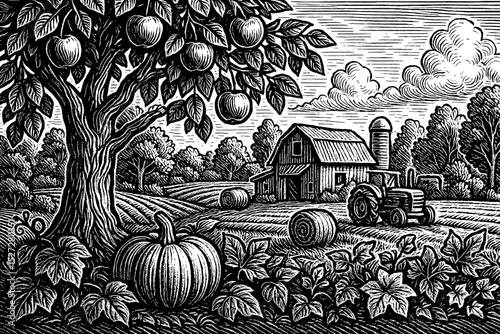 Black and white engraved illustration of farm landscape with trees, barn, fields, and tractor
