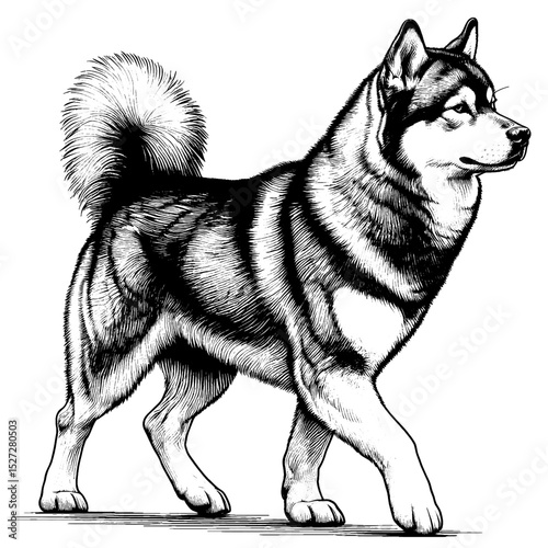 Hand drawn cute Tamaskan in full-body, vector sketch isolated on white background, SVG vector	