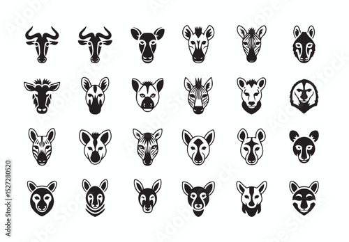 African Wildlife Head Icons Set: Stylish Black and White Animal Portraits for Design