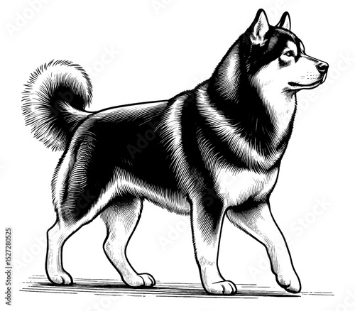Hand drawn cute Tamaskan in full-body, vector sketch isolated on white background, SVG vector	 photo