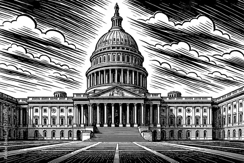 Capitol Building in Washington DC with Clouds in Black and White Engraving Style Illustration