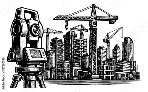 Construction site with crane and building in progress, line art illustration style