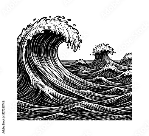 Waves crashing in the ocean, hand drawn engraving style, black and white illustration.
