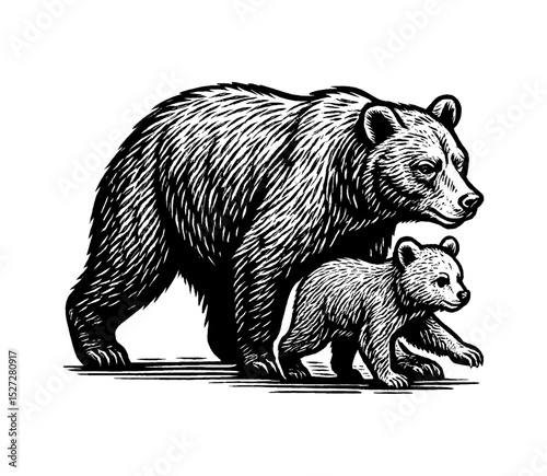 Engraved Illustration of a Bear and Cub Walking Together in Black and White Detail