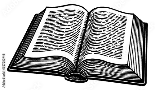 Open Book with Black and White Engraved Lines, Viewed from Top Angle, Knowledge Source