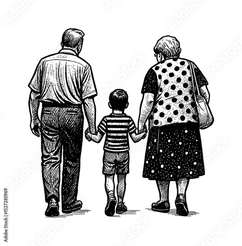 Grandparents holding hands walking with their grandchild in black and white line art illustration