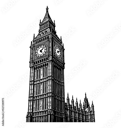 Big Ben Clock Tower in London England Black and White Detailed Line Art Drawing