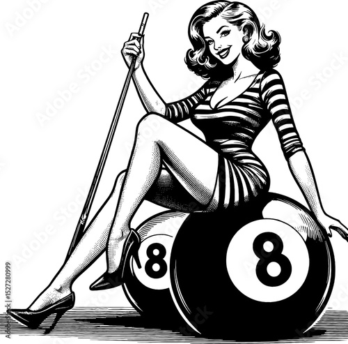 Pinup Woman in Striped Dress Sitting on Billiard Balls Holding Cue Stick Smiling Black and White Illustration