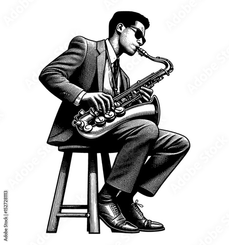 Man in Suit Playing Saxophone on Stool, Detailed Engraving Style Black and White