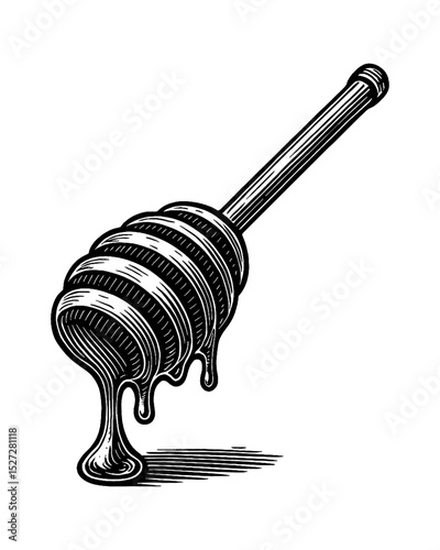 Engraved illustration of dripping honey dipper in black and white color