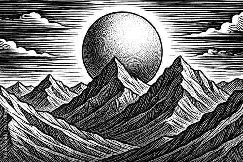 Mountain Range with Large Sun or Moon and Clouds in Black and White Engraved Style