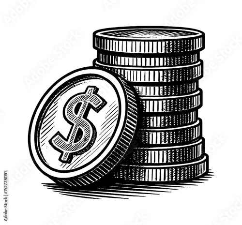 Stack of coins with dollar sign in black and white line art drawing sketch