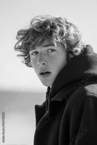 portrait of skateboarder in dynamic motion positioned on left side of frame with surprised expression
