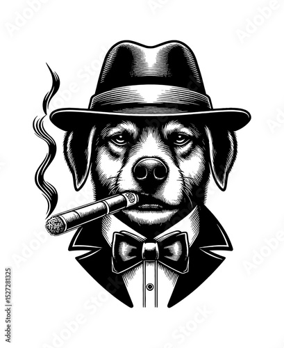 Dog wearing hat and suit smoking cigar with serious expression, black and white vintage art