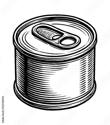 Illustration of a Metal Food Can with Pull Tab in Black and White Engraved Style