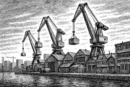 Detailed engraved illustration of cranes loading cargo at dockside warehouse buildings