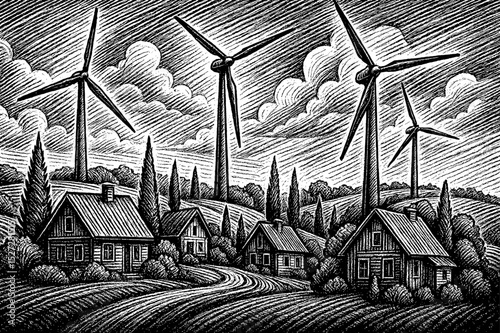 Wind Turbines and Rural Houses in Engraved Style, Clean Energy Concept, Alternative Energy
