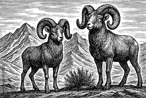 Two Bighorn Sheep Standing in Mountain Landscape Engraved Style Black and White Detailed Illustration