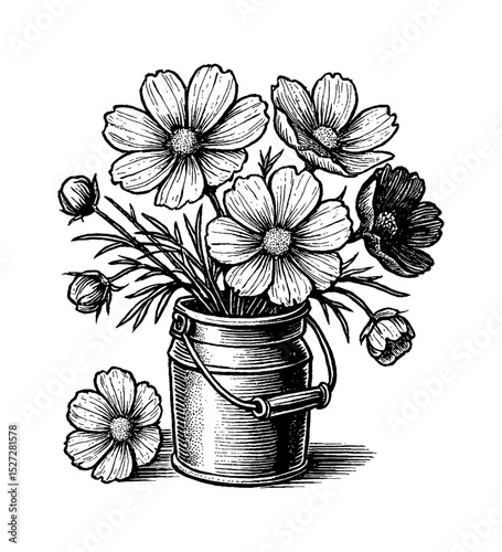 Cosmos Flowers in Metal Bucket with Black and White Engrave Detailed Line Art Drawing Style