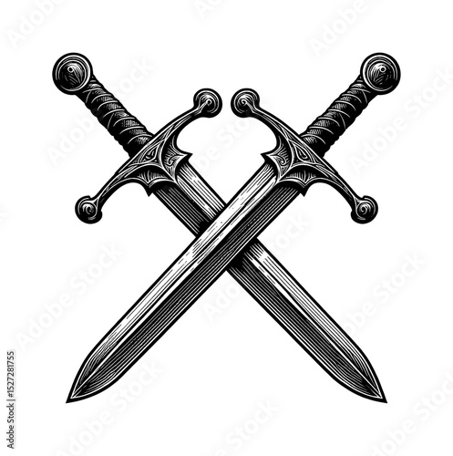 Two crossed swords with intricate details in a vintage engraving style illustration