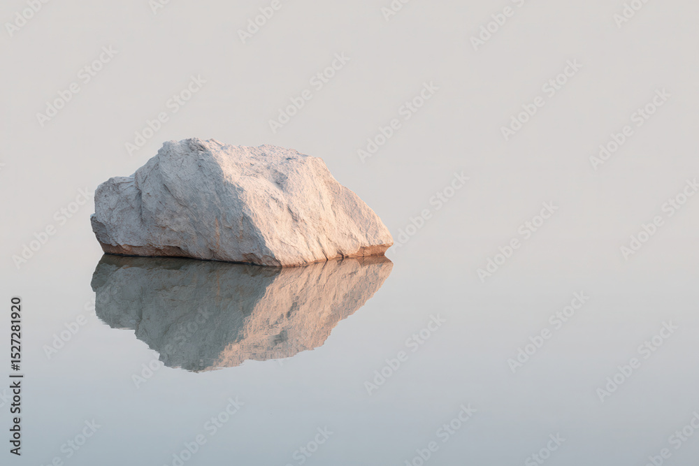 Naklejka premium minimalist photograph of single stone at edge of reservoir in germany featuring long shadows and natural symmetry