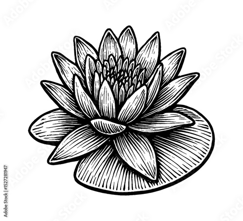 Detailed Black and White Engraved Water Lily Blossom with Round Leaf Pad Illustration
