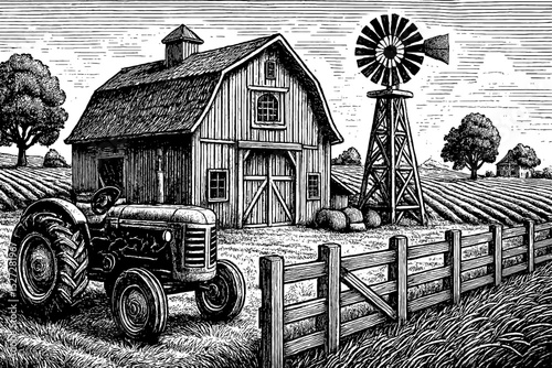 Vintage Farm Scene with Barn, Tractor, Windmill and Fence in Engraving Style