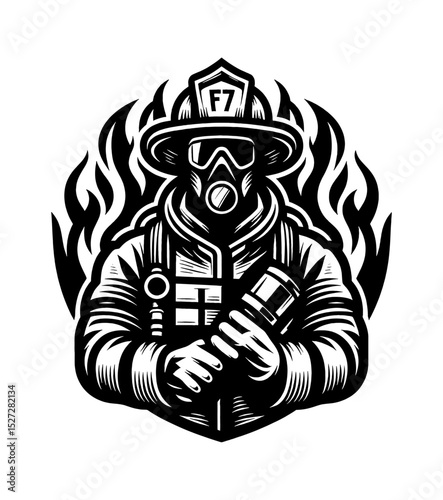 Firefighter in Full Gear with Mask Holding Hose and Standing in Front of Flames Black and White